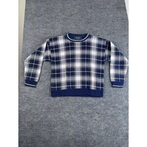 Vintage Hunt Club XL‎ Blue Plaid Cotton Tight-Knit Crew Neck Long Sleeve Sweater